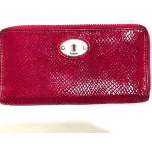 FOSSIL Snakeskin Embossed Pink Leather Zip Around Clutch‎ Wallet Chic Retro